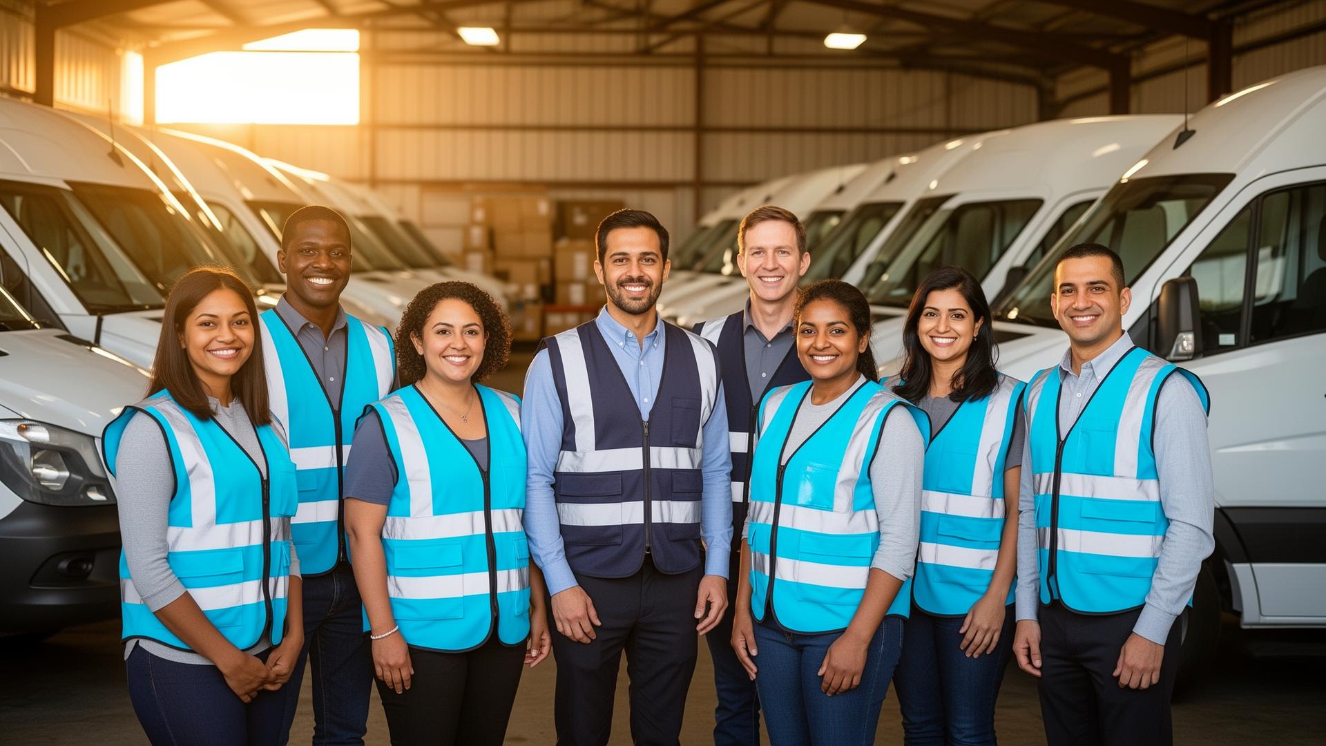 Diverse Conveyzone logistics team in safety vests in front of delivery van fleet