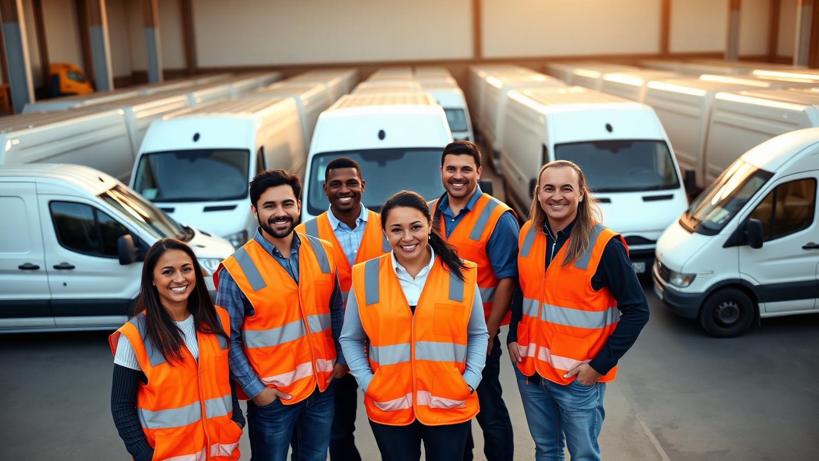 Diverse Conveyzone logistics team in safety vests in front of delivery van fleet