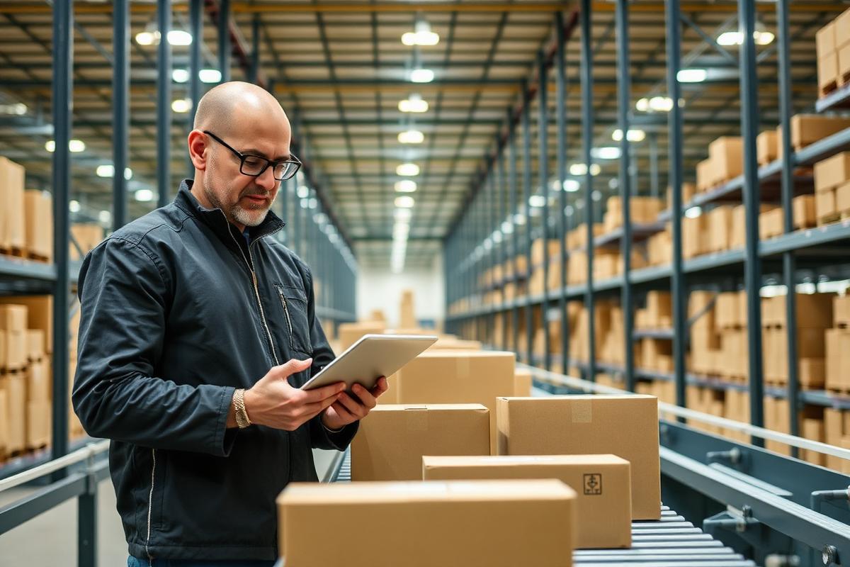 Logistics manager reviewing operations on a tablet inside a warehouse