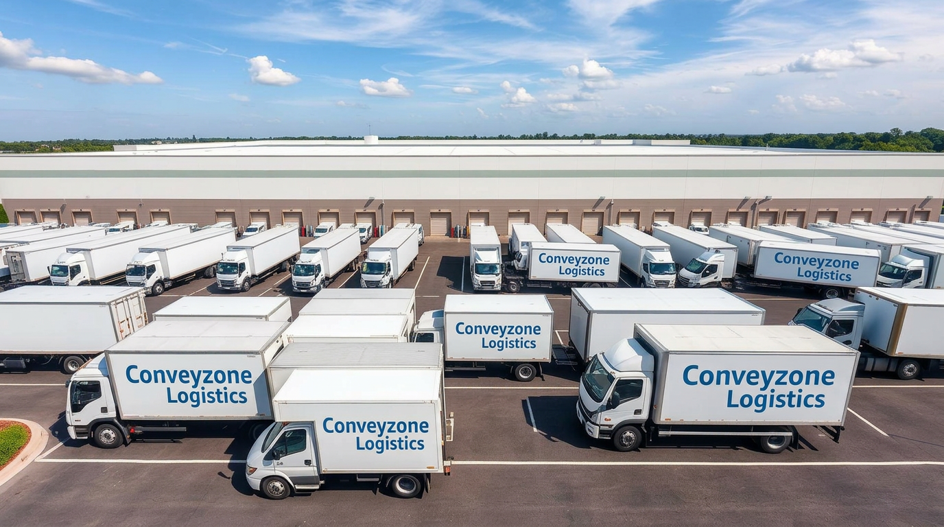 Conveyzone Logistics facility with delivery vehicles under blue sky